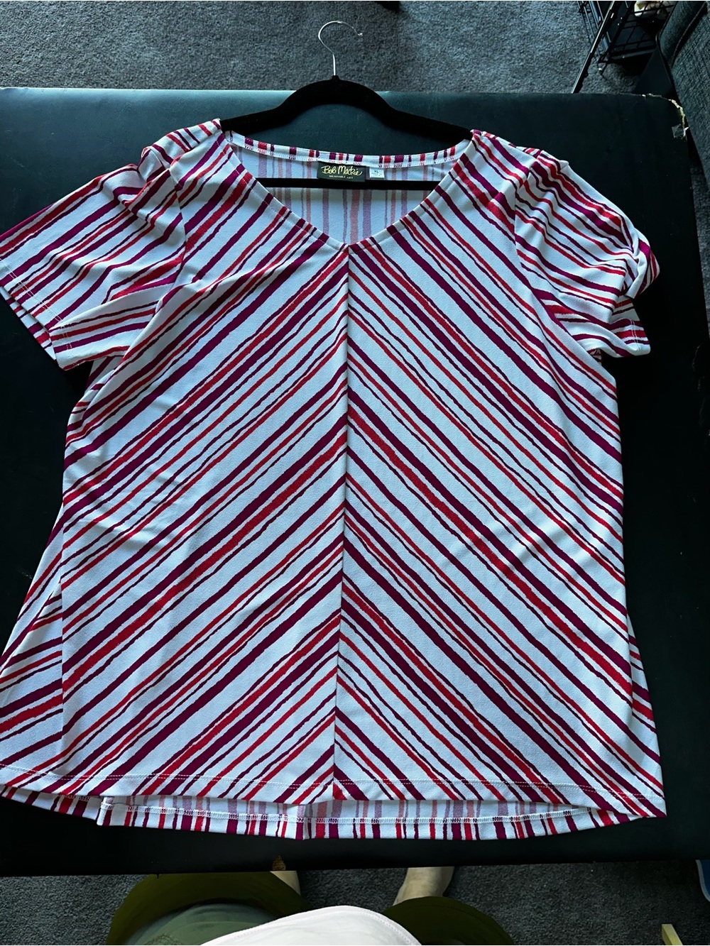 Bob Mackie Wearable Art Red & White Chevron Stripe V-Neck